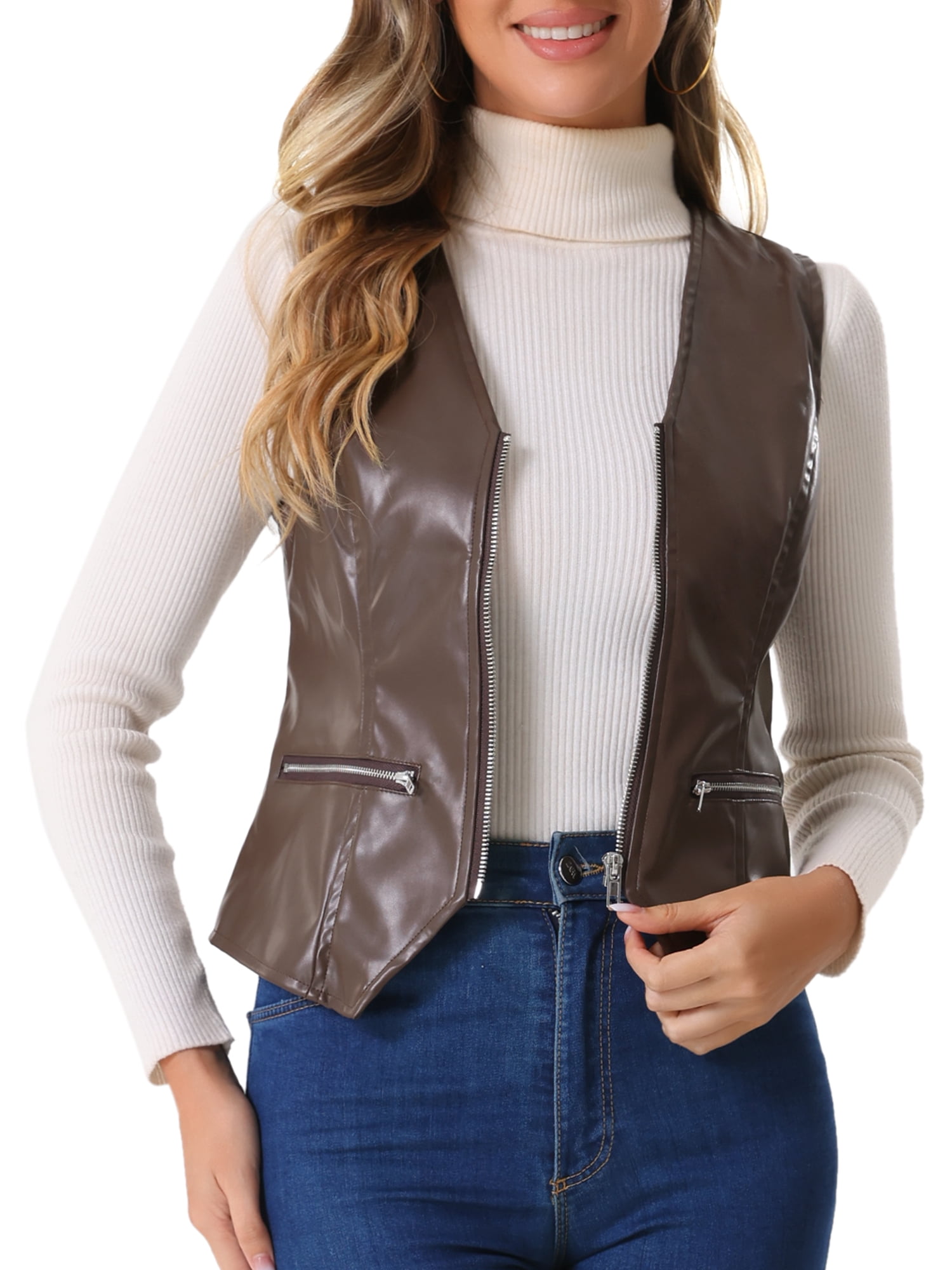 DARING DIVA Women's Faux Leather Waistcoat V Neck Zipper Motorcycle Vest XL Brown