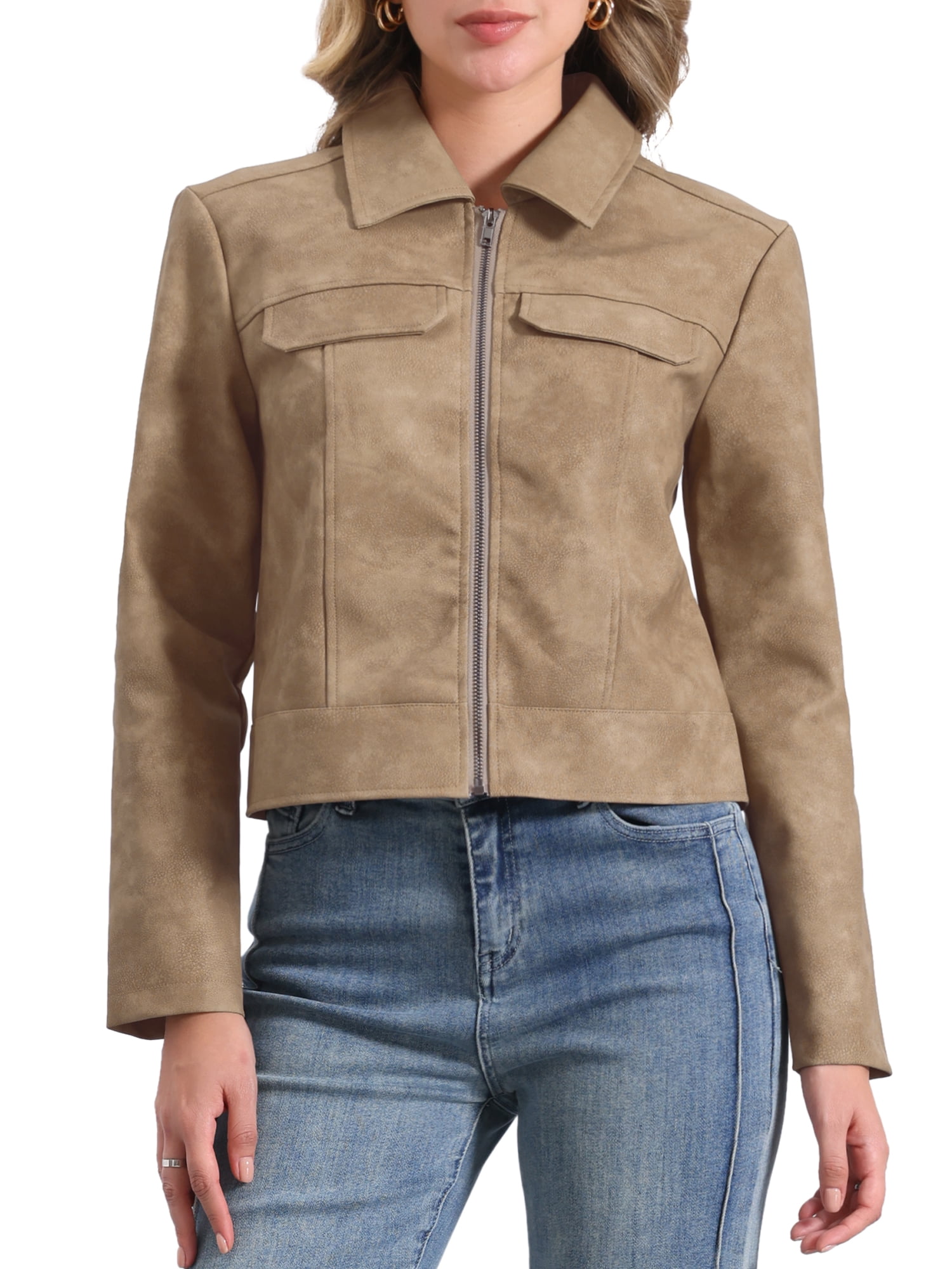 DARING DIVA Women's Faux Leather Jackets Zip Up Vintage Distressed Moto Biker Jacket M Tan