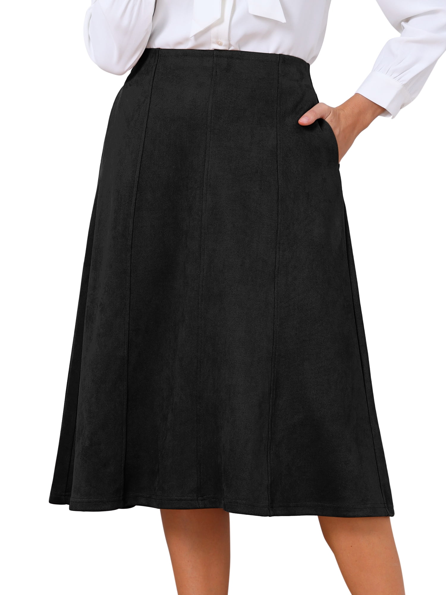DARING DIVA Women's Faux Suede A-Line Midi Pockets Skirt M Black