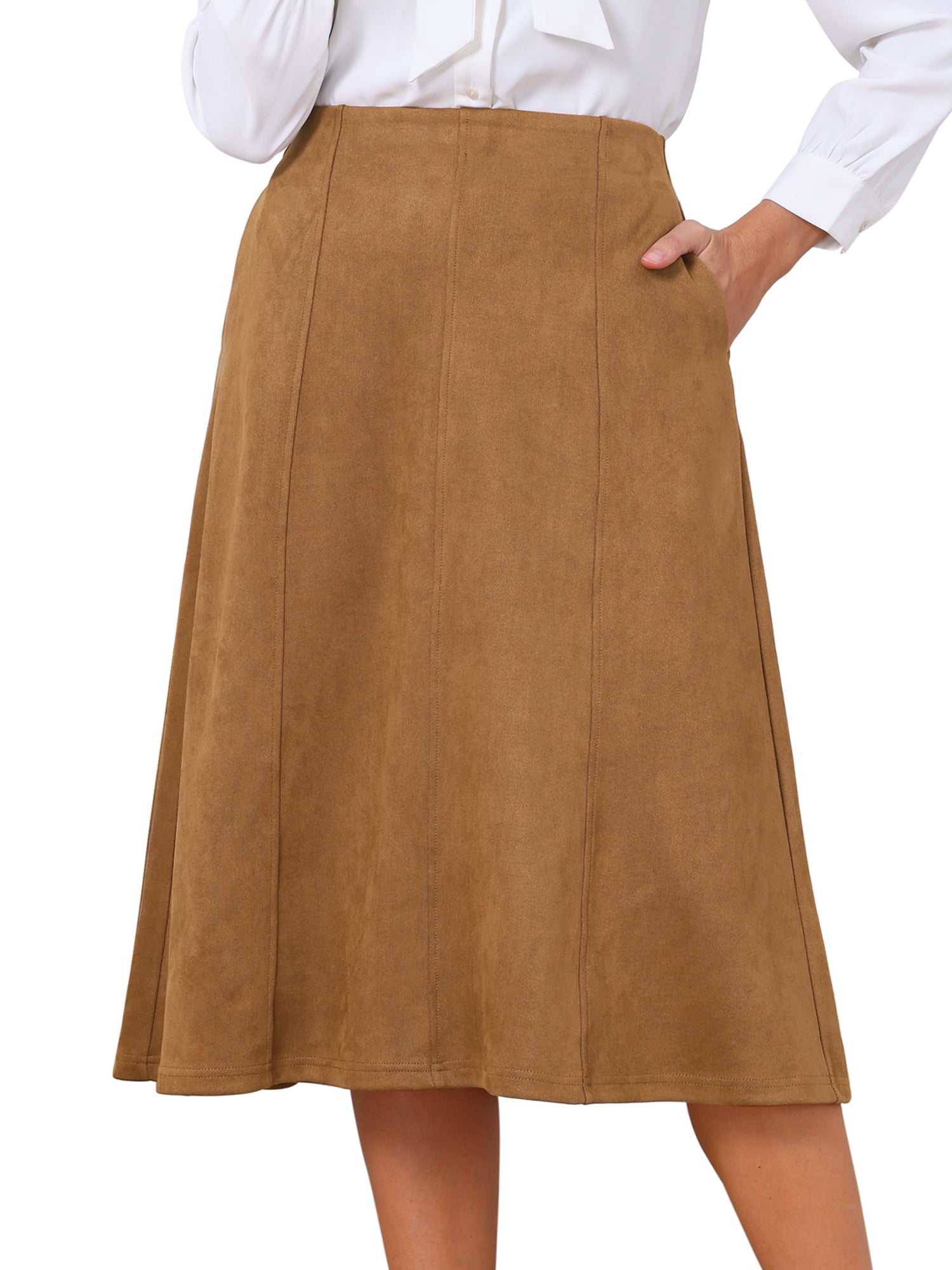 DARING DIVA Women's Faux Suede A-Line Midi Pockets Skirt XL Brown