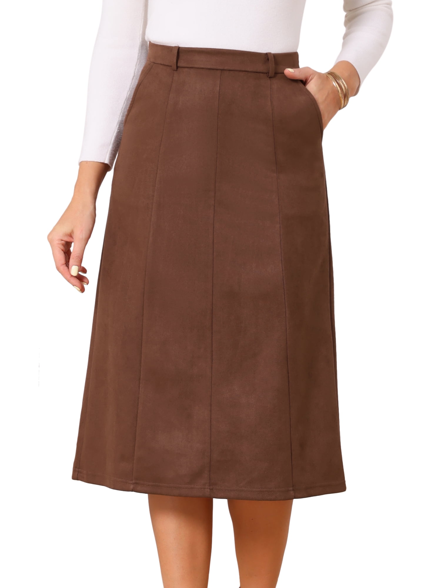 DARING DIVA Women's Faux Suede A Line Midi Skirt with Pockets Small Coffee