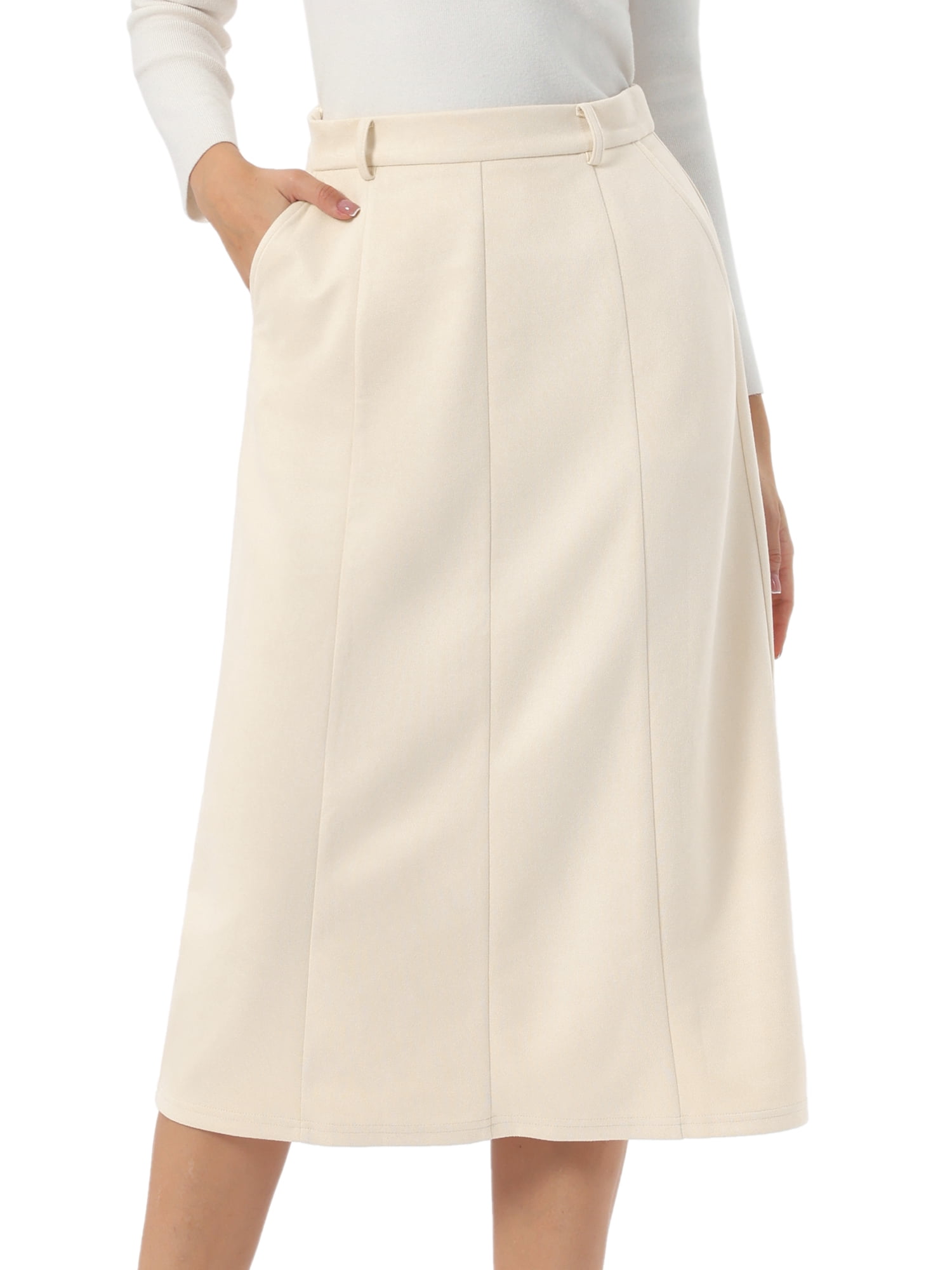 DARING DIVA Women's Faux Suede A Line Midi Skirt with Pockets X-Large Beige