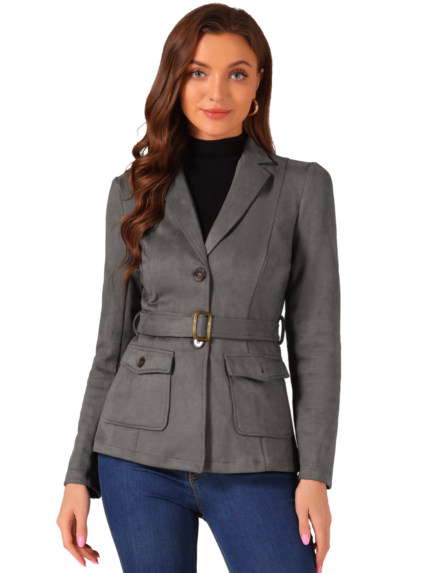DARING DIVA Women's Faux Suede Belted Lapel Single Breasted Blazer M Dark Grey
