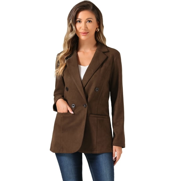 DARING DIVA Women's Faux Suede Blazer Double Breasted Suit Jacket M Brown