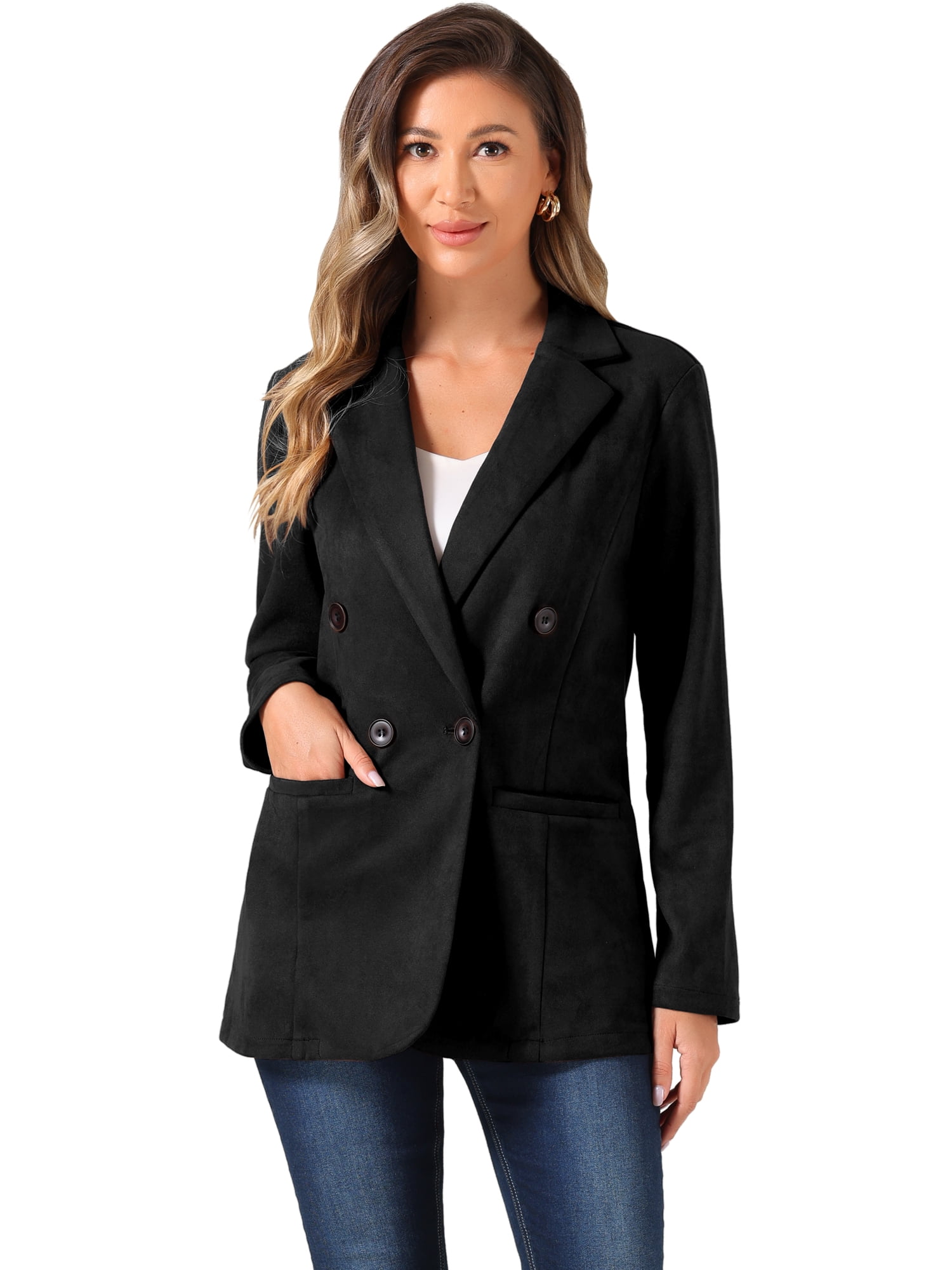 DARING DIVA Women's Faux Suede Blazer Double Breasted Suit Jacket XS Black