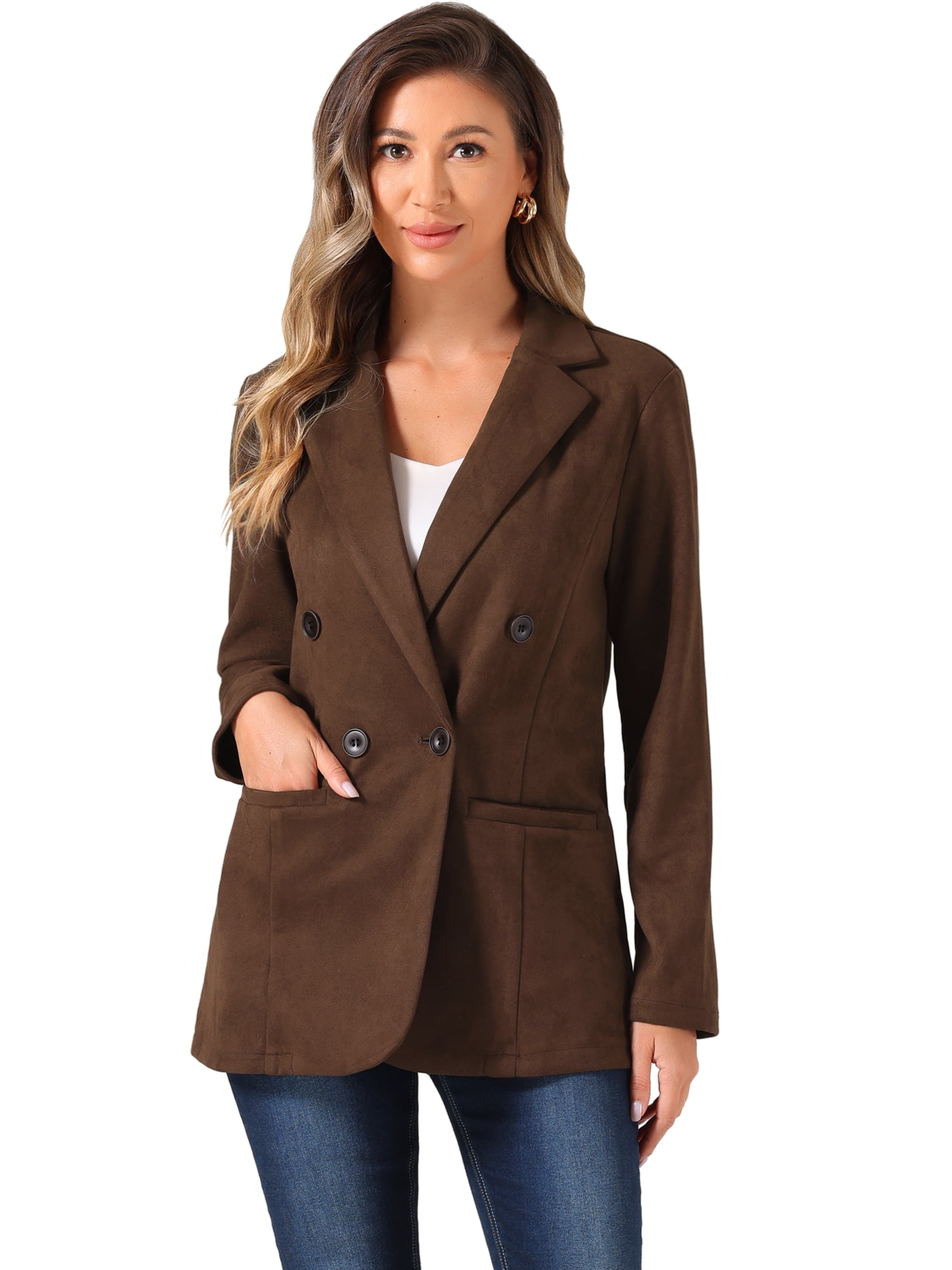 DARING DIVA Women's Faux Suede Blazer Double Breasted Suit Jacket XS Brown