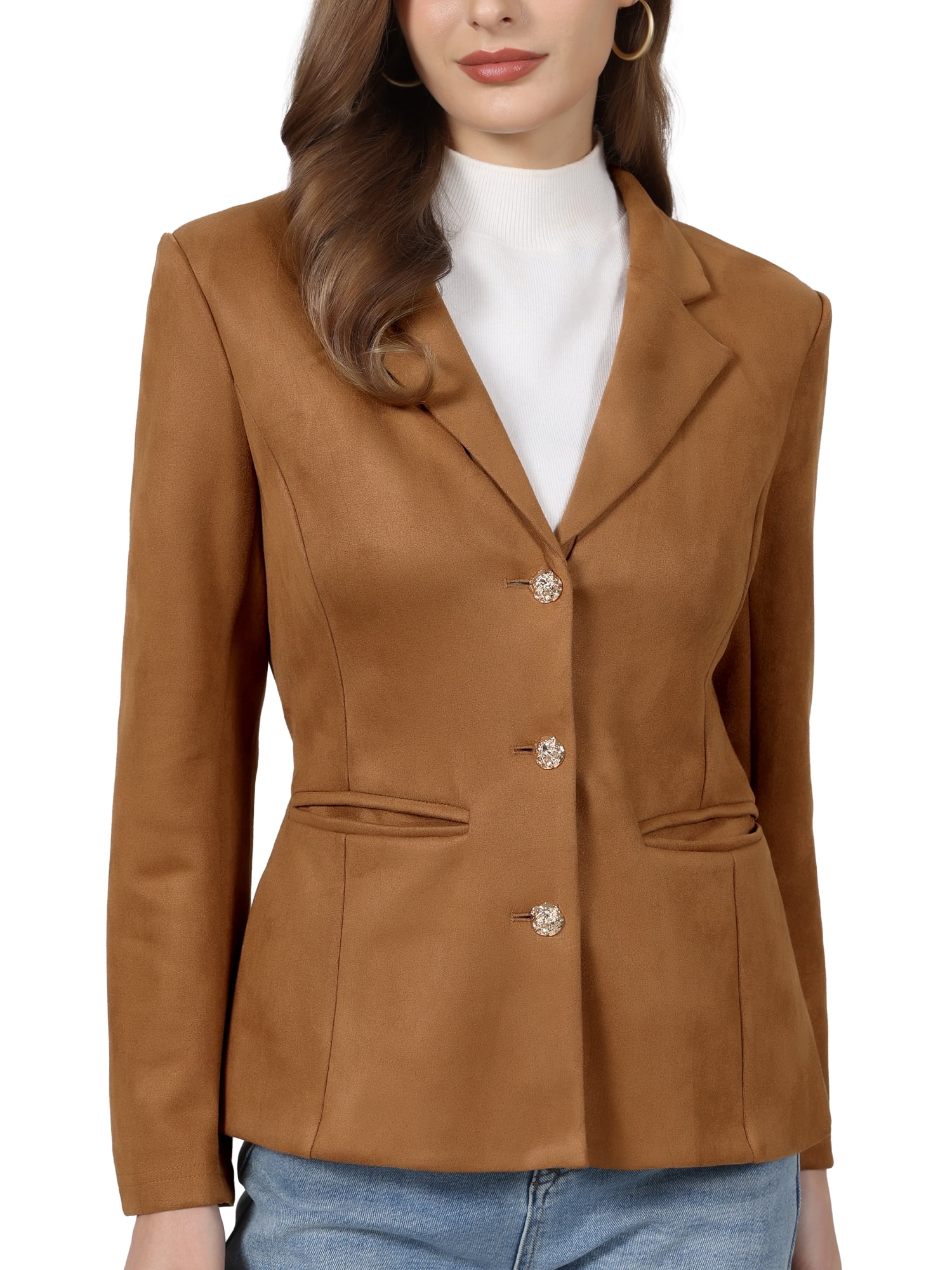 DARING DIVA Women's Faux Suede Blazer Lapel Collar Long Sleeve Jacket XL Brown