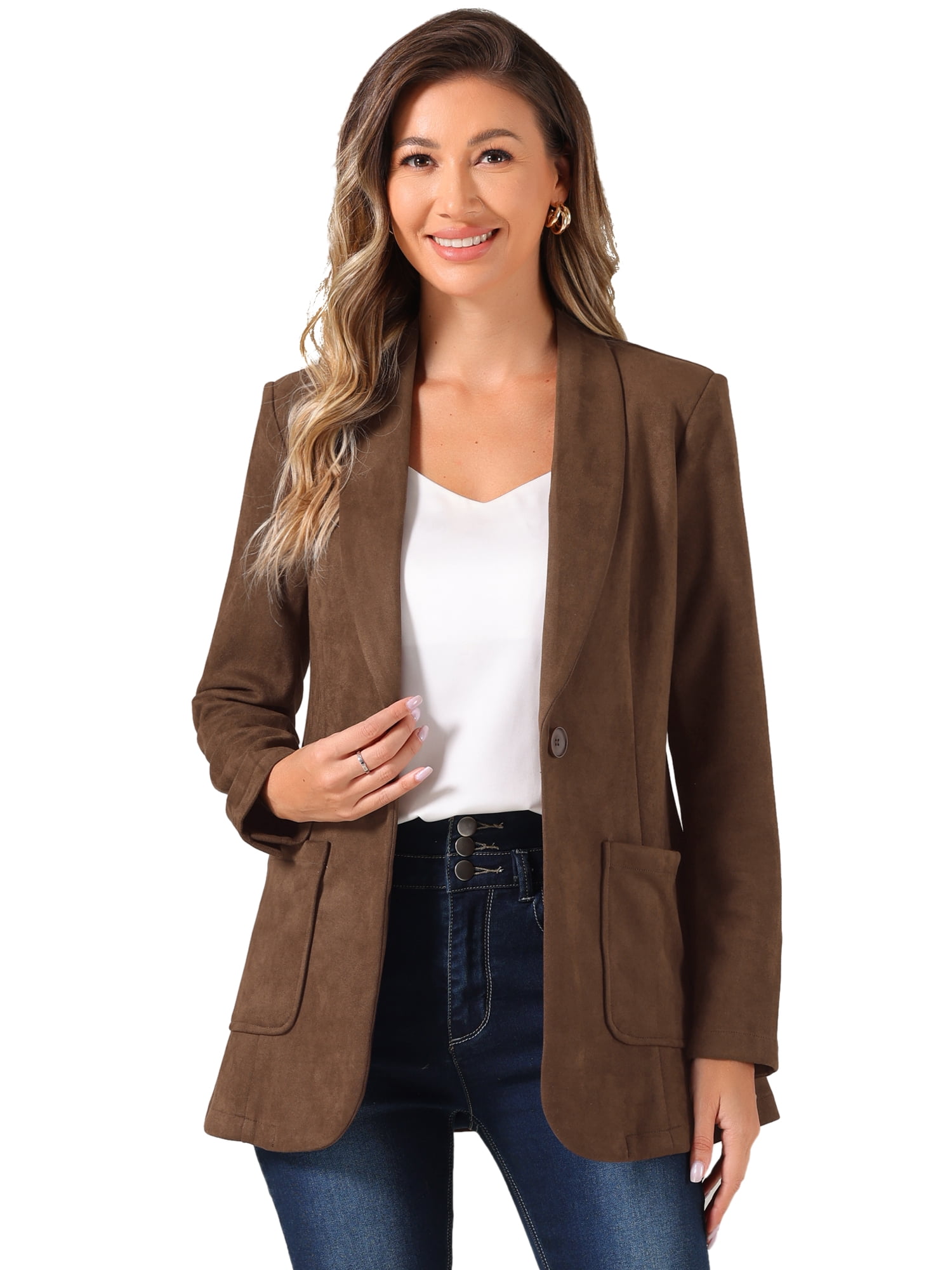 DARING DIVA Women's Faux Suede Lapel Collar One Button Dressy Suit Jacket L Brown