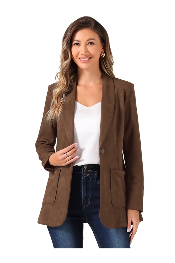 Women's Faux Suede Blazer Lapel Collar Suit Jacket XS Brown