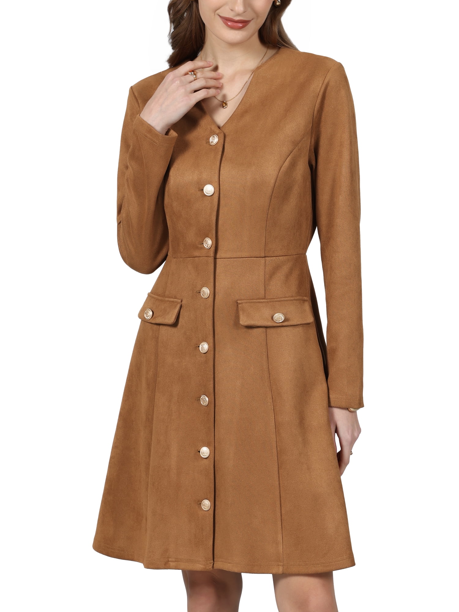 DARING DIVA Women's Faux Suede Button Down V Neck Long Sleeve Dress M Brown