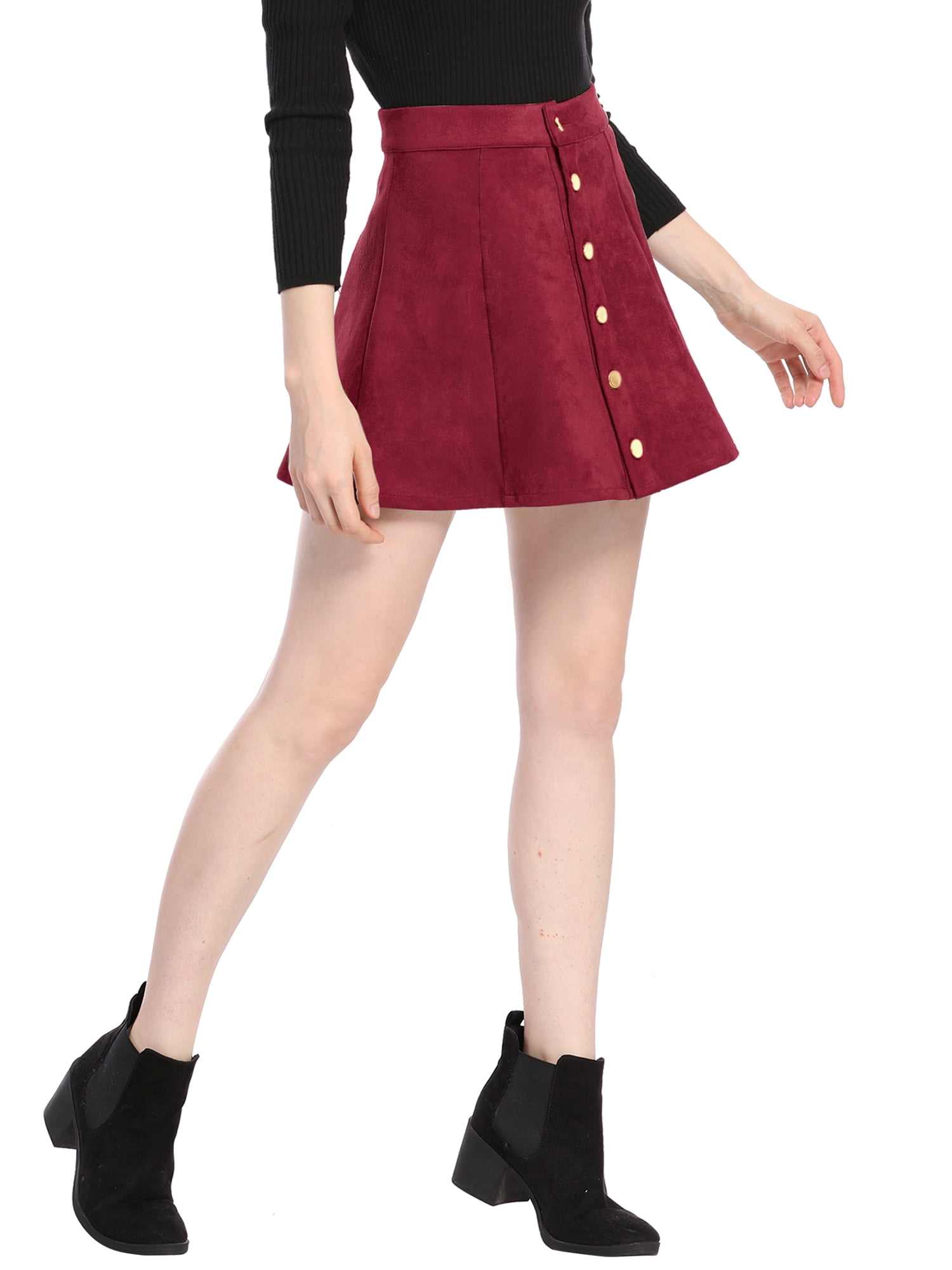 DARING DIVA Women's Faux Suede Button Front Mini A-Line Skirt L Dark Red
