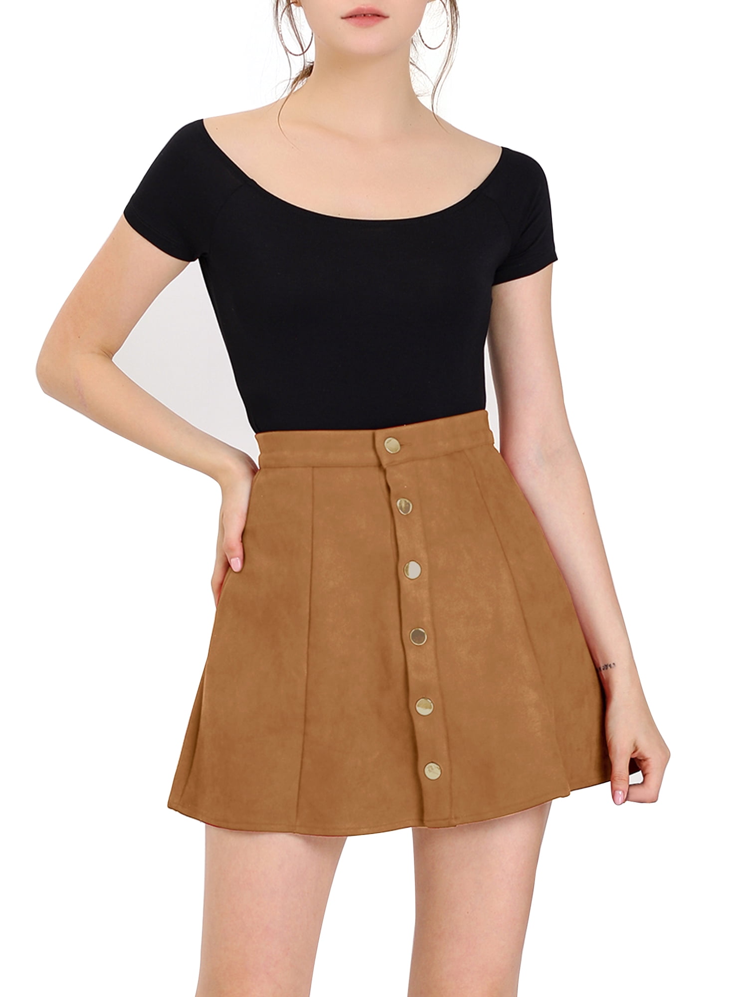 DARING DIVA Women's Faux Suede Button Front Mini A-Line Skirt M Brown
