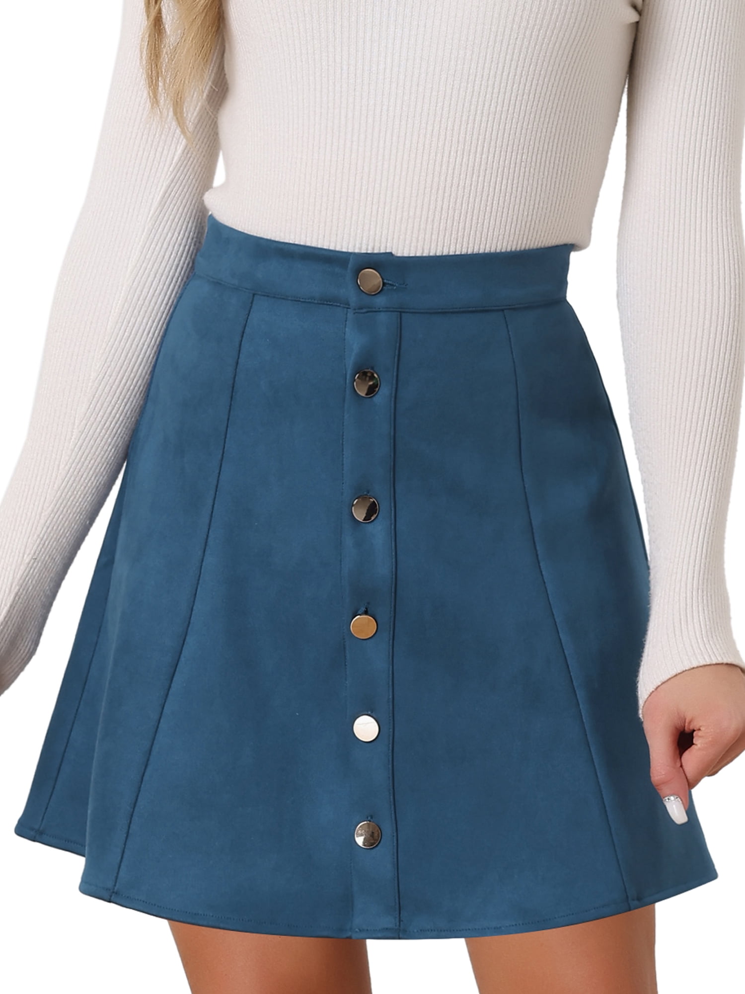 DARING DIVA Women's Faux Suede Button Front Mini A-Line Skirt M Peacock Blue