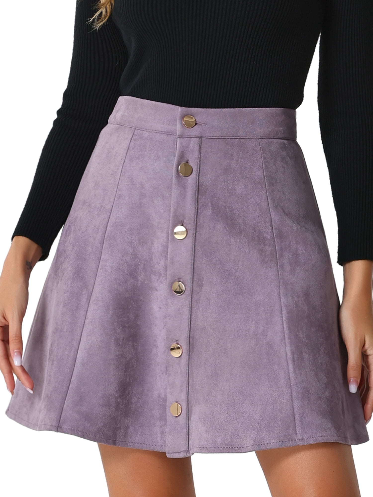 DARING DIVA Women's Faux Suede Button Front Mini A-Line Skirt M Purple