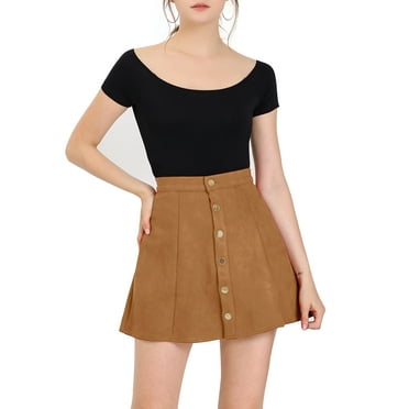 DARING DIVA Women's Faux Suede Button Front Mini A-Line Skirt XS Brown
