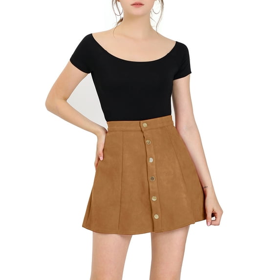 DARING DIVA Women's Faux Suede Button Front Mini A-Line Skirt XS Brown