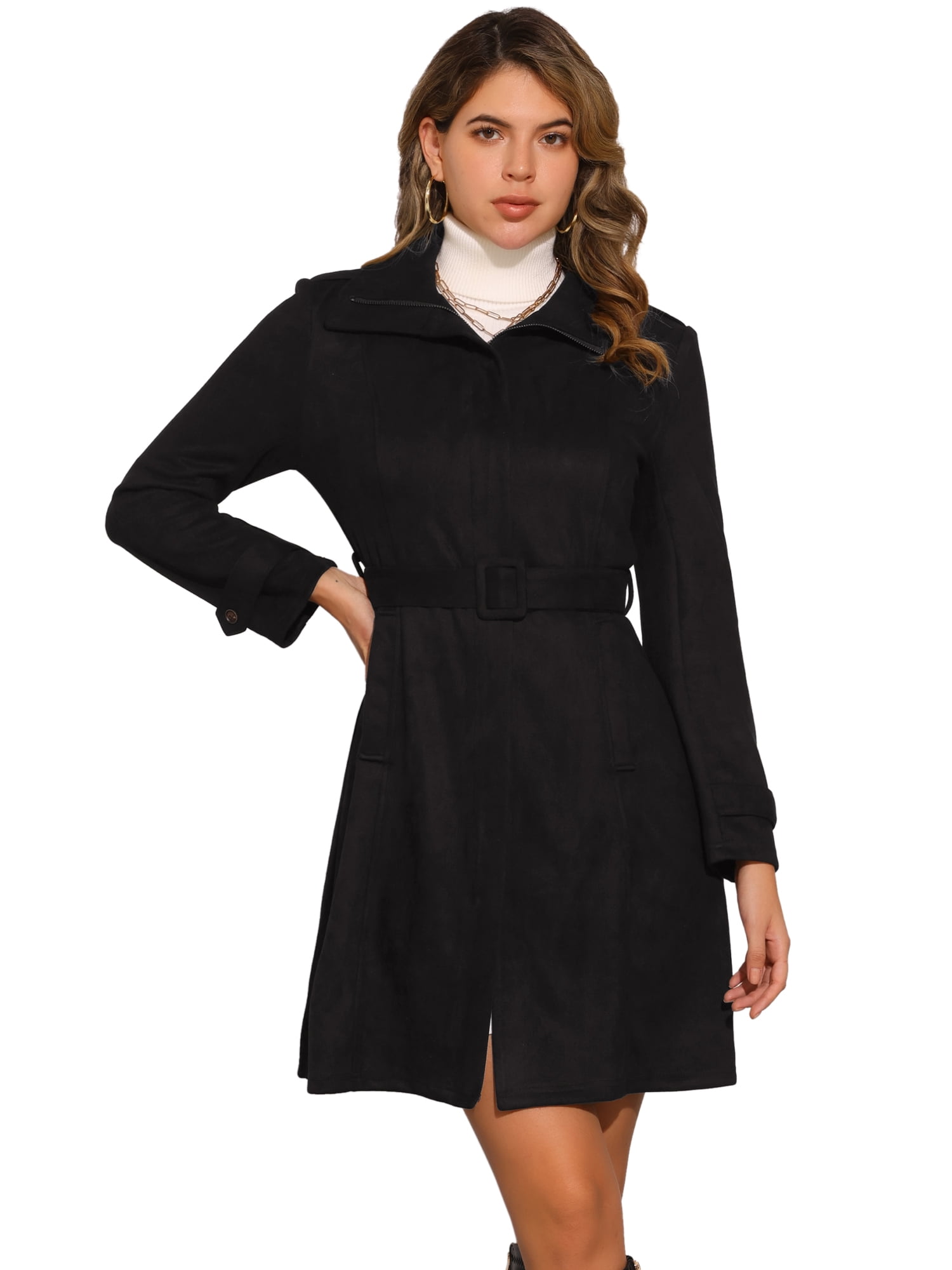 DARING DIVA Women's Faux Suede Coat Belted Zipper Jacket for Stylish Wear L Black