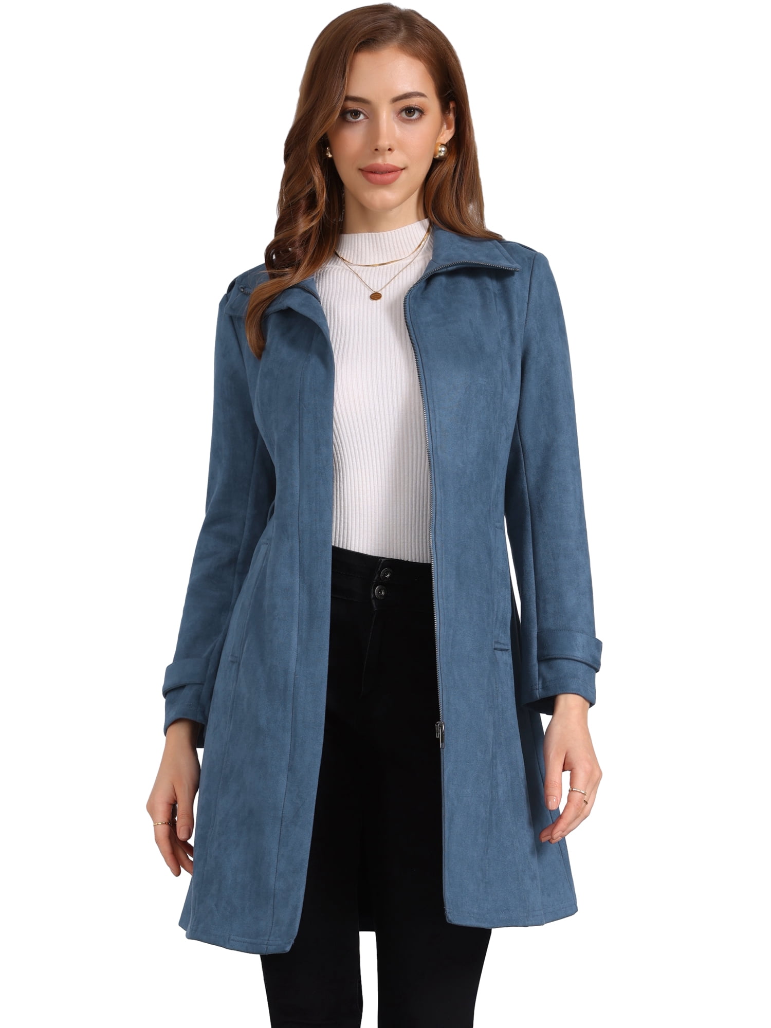 DARING DIVA Women's Faux Suede Coat Belted Zipper Jacket for Stylish Wear L Blue