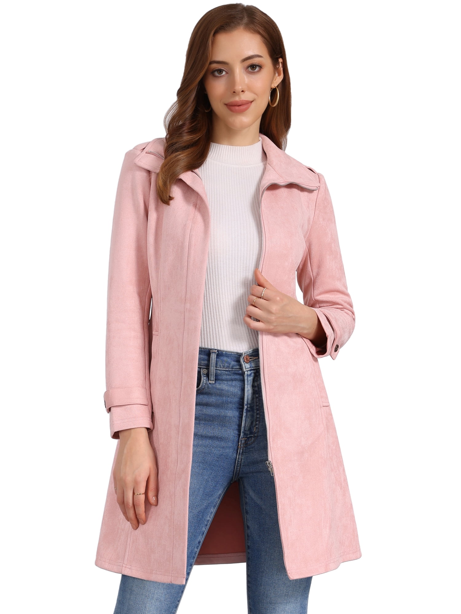 DARING DIVA Women's Faux Suede Coat Belted Zipper Jacket for Stylish Wear L Pink