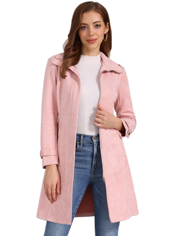 Women's Faux Suede Coat Belted Zipper Jacket for Stylish Wear L Pink