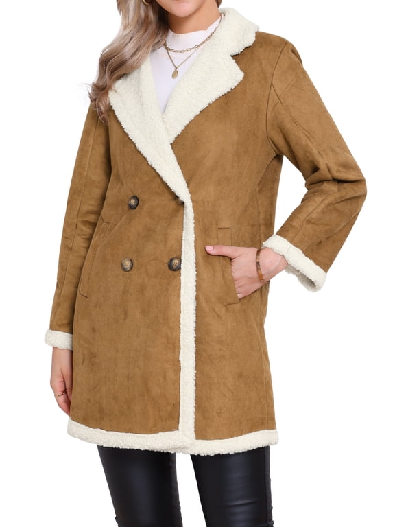 Women's Faux Suede Coat Double Breasted Warm Teddy Jacket L Brown