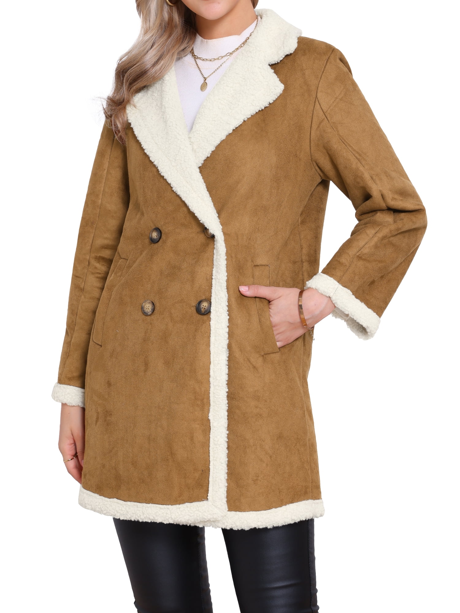 DARING DIVA Women's Faux Suede Coat Double Breasted Warm Teddy Jacket M Brown
