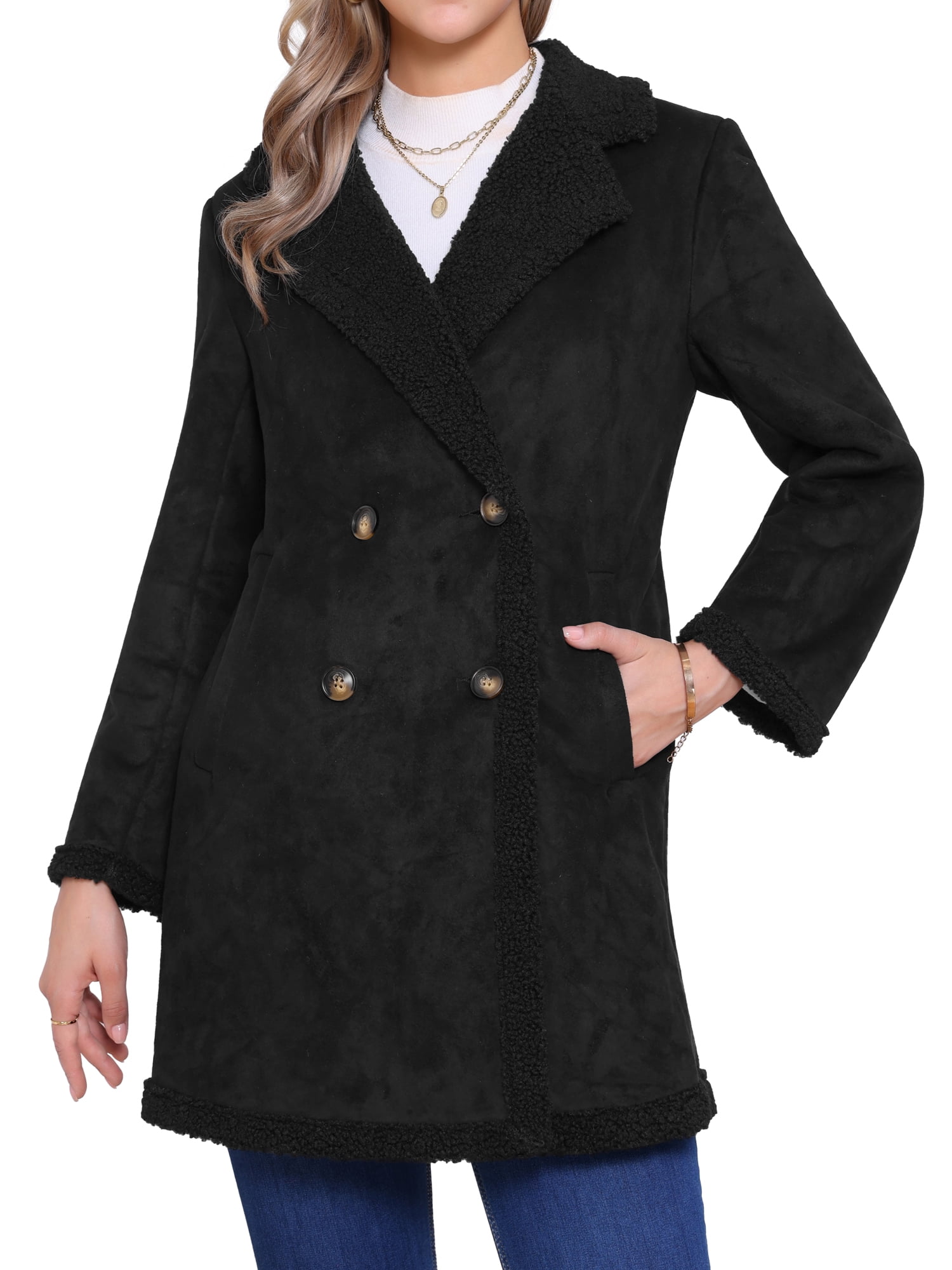 DARING DIVA Women's Faux Suede Coat Double Breasted Warm Teddy Jacket S Black