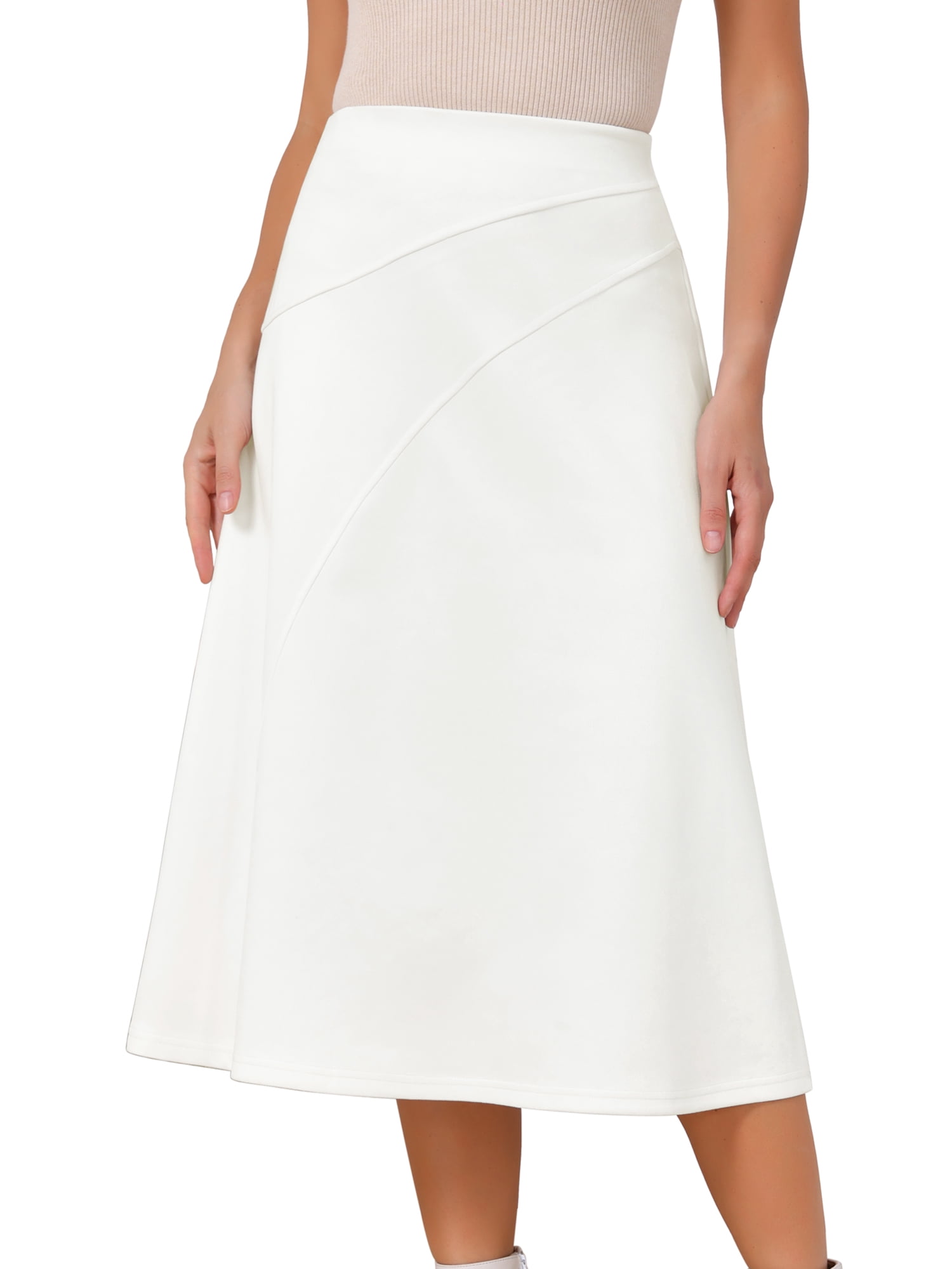 DARING DIVA Women's Faux Suede Elastic High Waist A-Line Midi Skirt L White