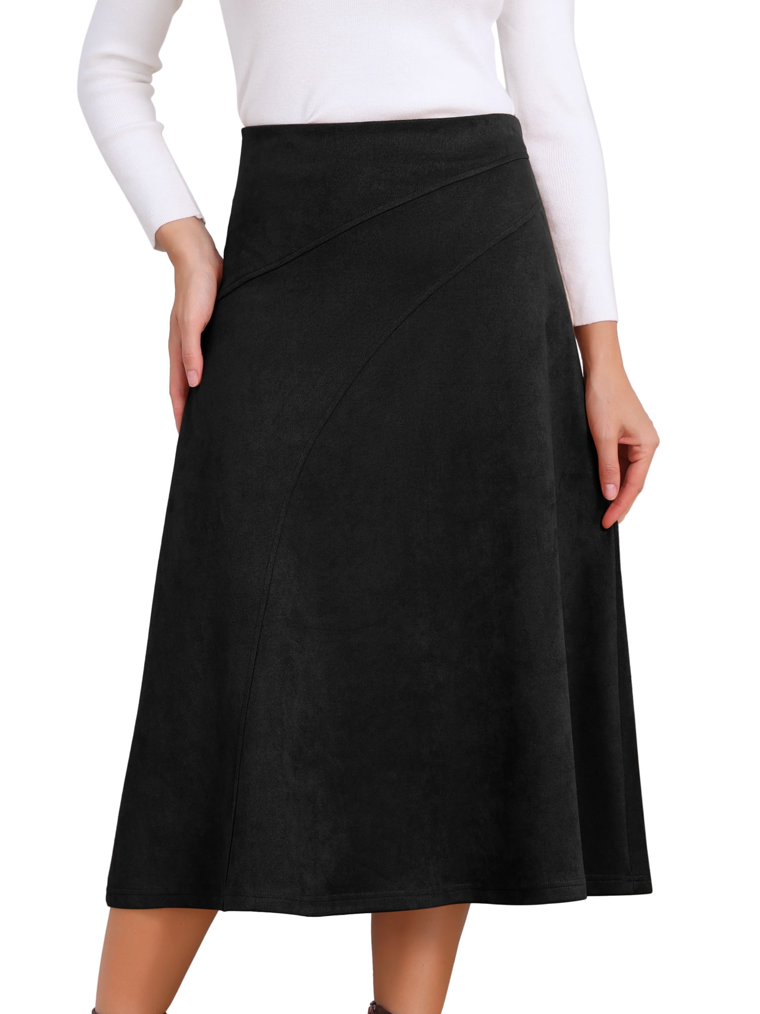 DARING DIVA Women's Faux Suede Elastic High Waist A-Line Midi Skirt S Black