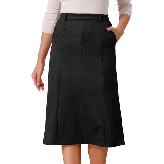 DARING DIVA Women's Faux Suede Elastic High Waist A Line Midi Skirt with Pockets S Black