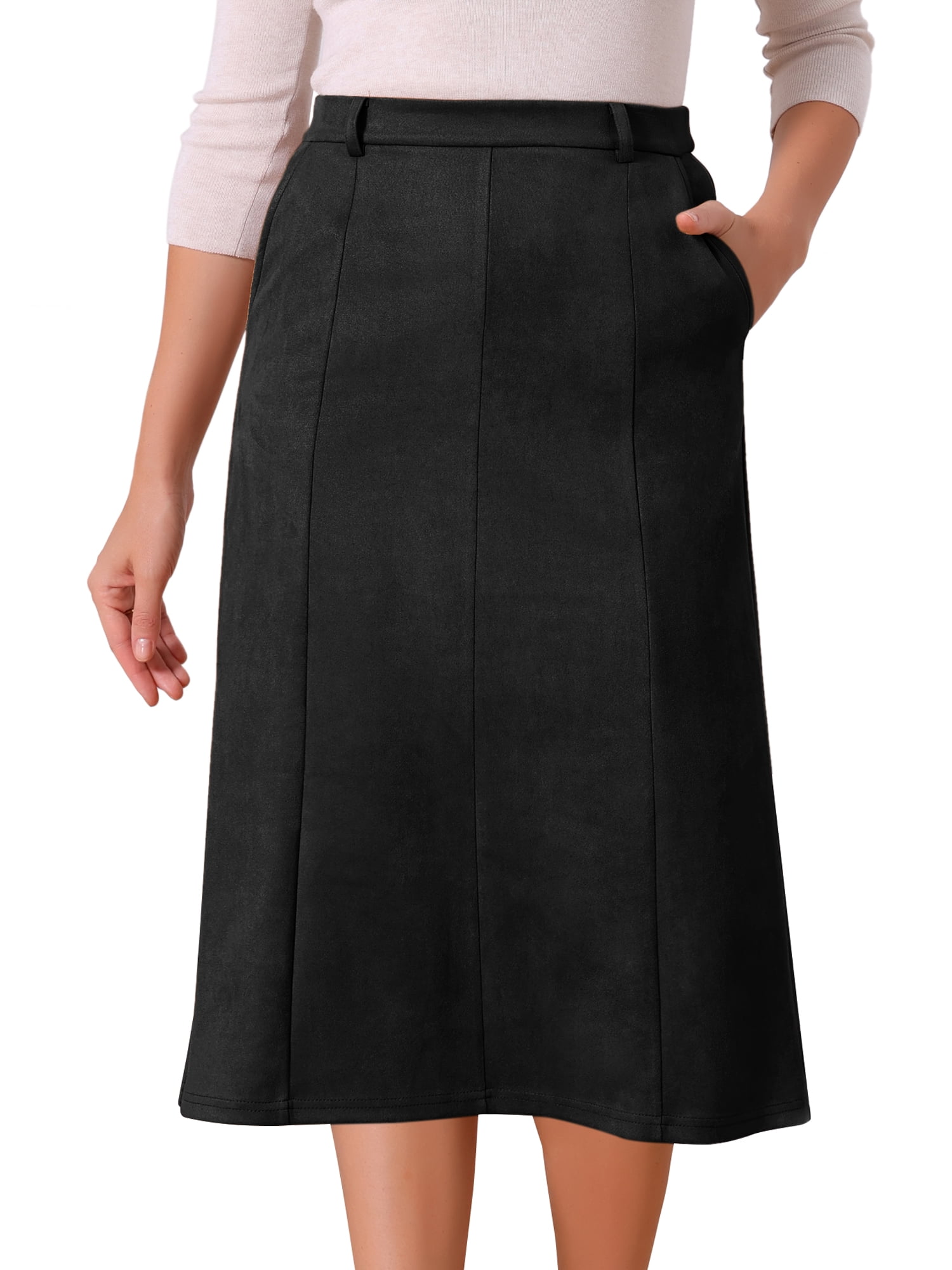 DARING DIVA Women's Faux Suede A Line Midi Skirt with Pockets XL Black
