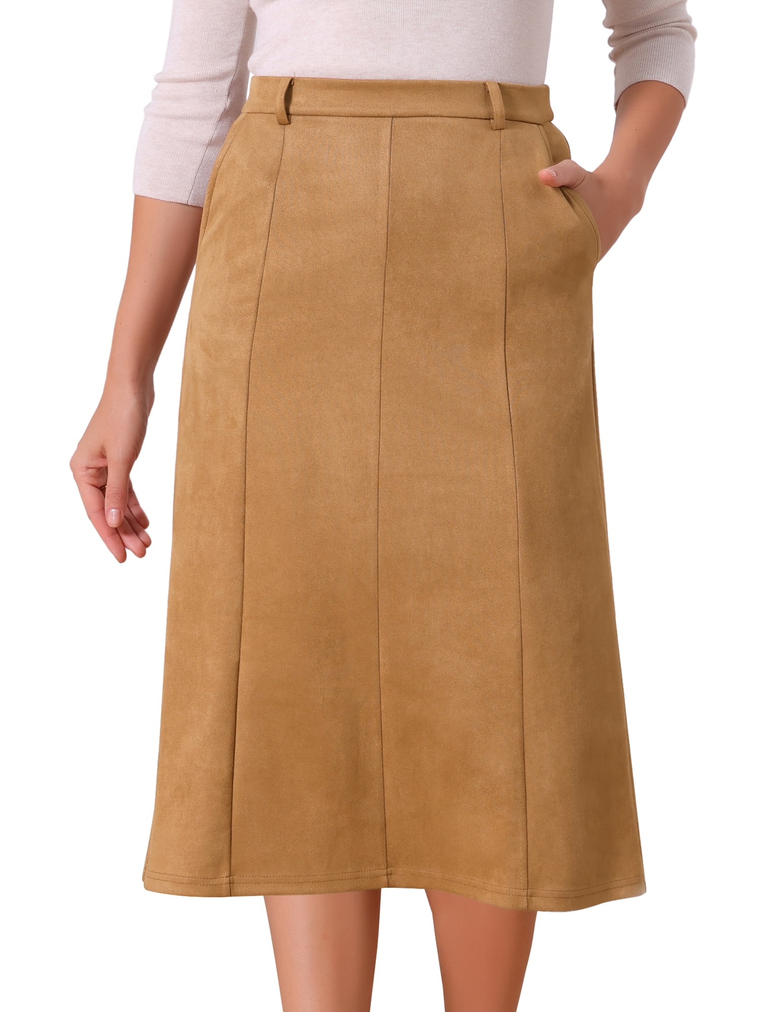 DARING DIVA Women's Faux Suede A Line Midi Skirt with Pockets XL Brown