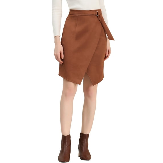 DARING DIVA Women's Faux Suede Fall Front Slit Wrap Pencil Skirt M Caramel
