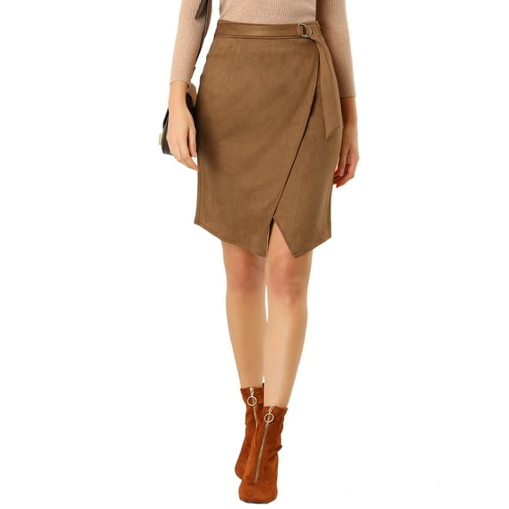 DARING DIVA Women's Faux Suede Fall Front Slit Wrap Pencil Skirt XS Brown