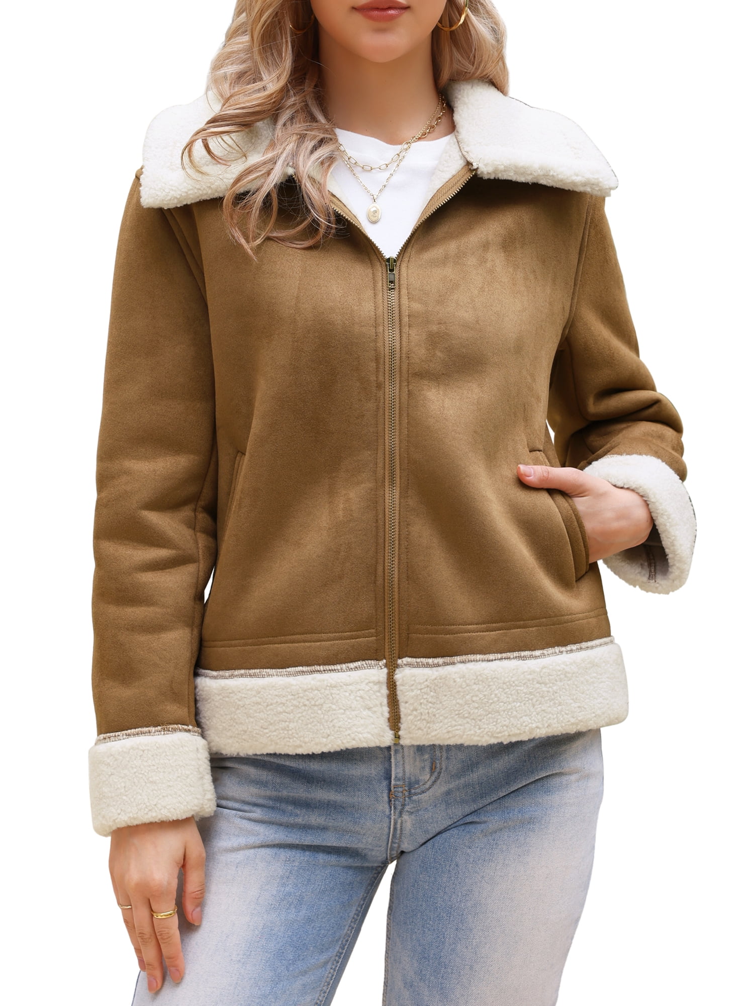 DARING DIVA Women's Faux Suede Faux Fur Shearing Lined Outerwear Jacket L Brown