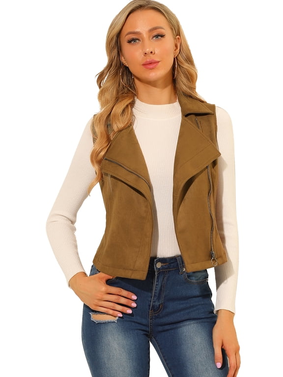 Women's Faux Suede Female Short Jacket Outwear Vest XS Camel