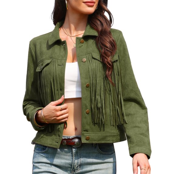 DARING DIVA Women's Faux Suede Fringe Cowgirl Style Long Sleeve Jacket M Army Green