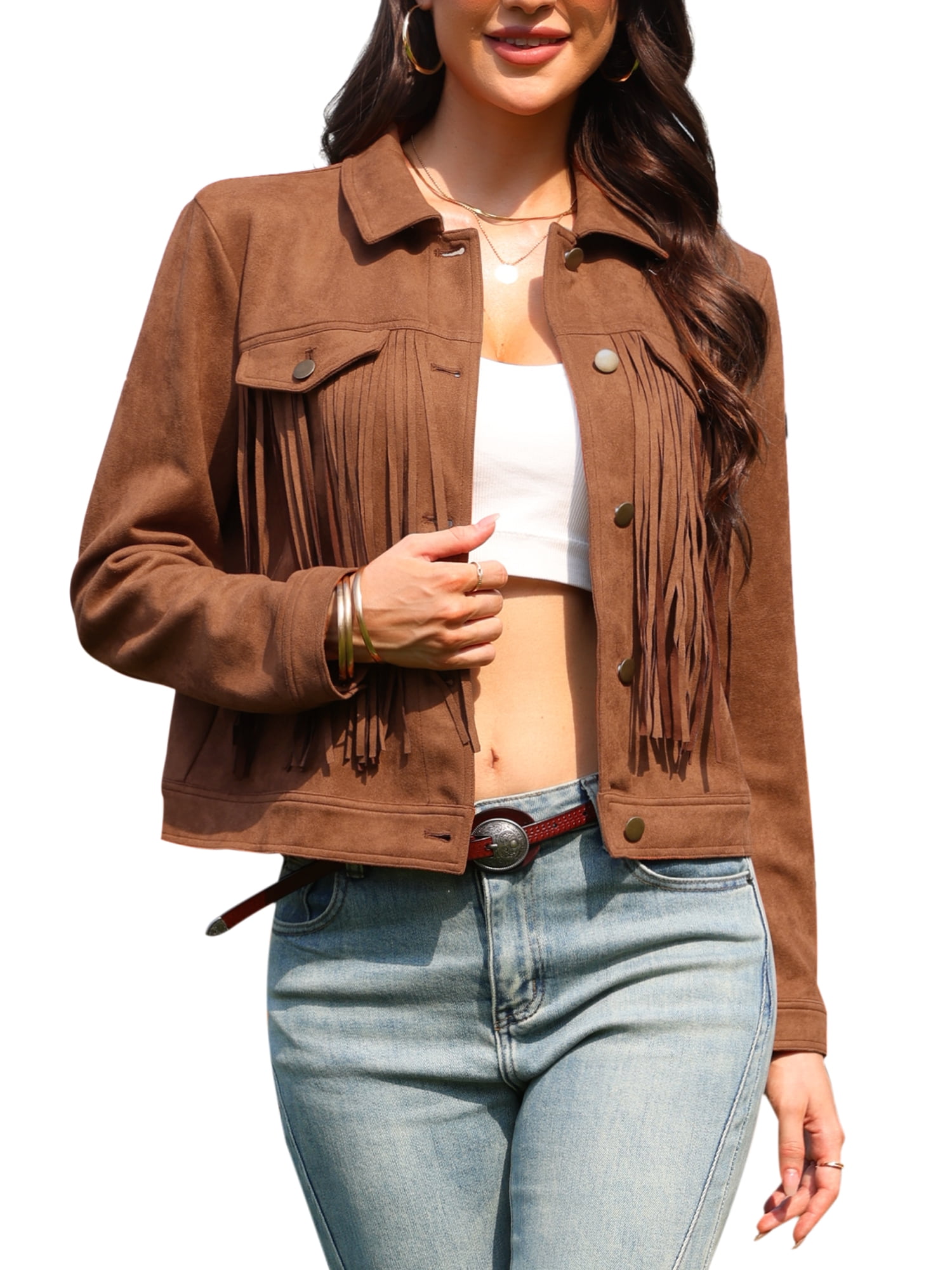 DARING DIVA Women's Faux Suede Fringe Cowgirl Style Long Sleeve Jacket M Brown