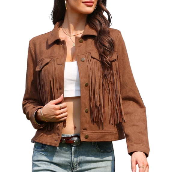DARING DIVA Women's Faux Suede Fringe Cowgirl Style Long Sleeve Jacket XL Brown