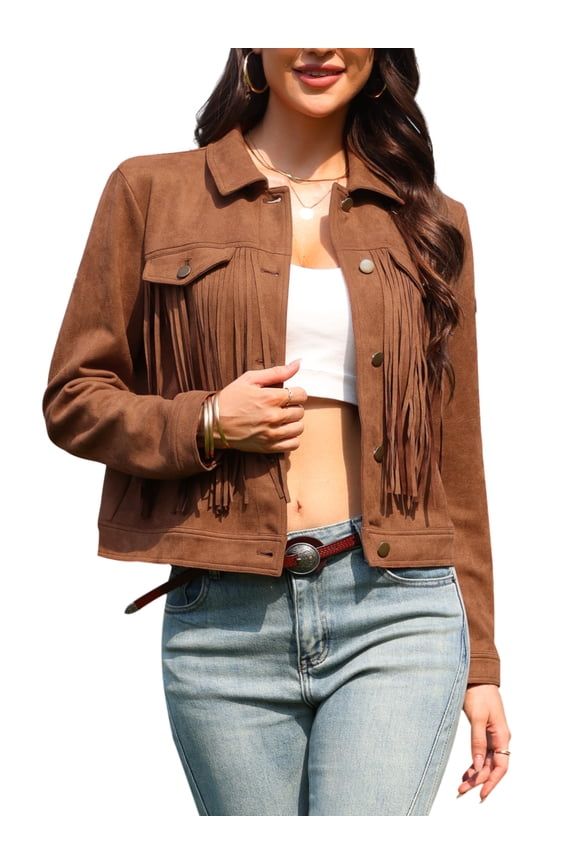 Women's Faux Suede Fringe Cowgirl Style Long Sleeve Jacket XL Brown