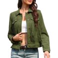 thumbnail image 1 of DARING DIVA Women's Faux Suede Fringe Cowgirl Style Long Sleeve Jacket XS Army Green, 1 of 6