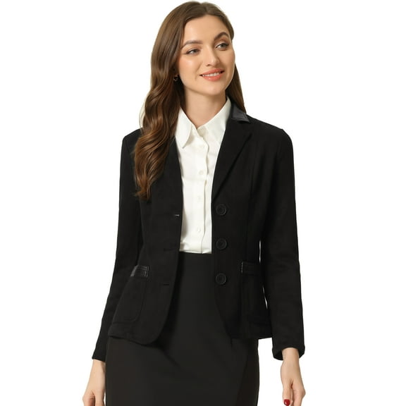 DARING DIVA Women's Faux Suede Lapel Collar Button Down Blazer S Black