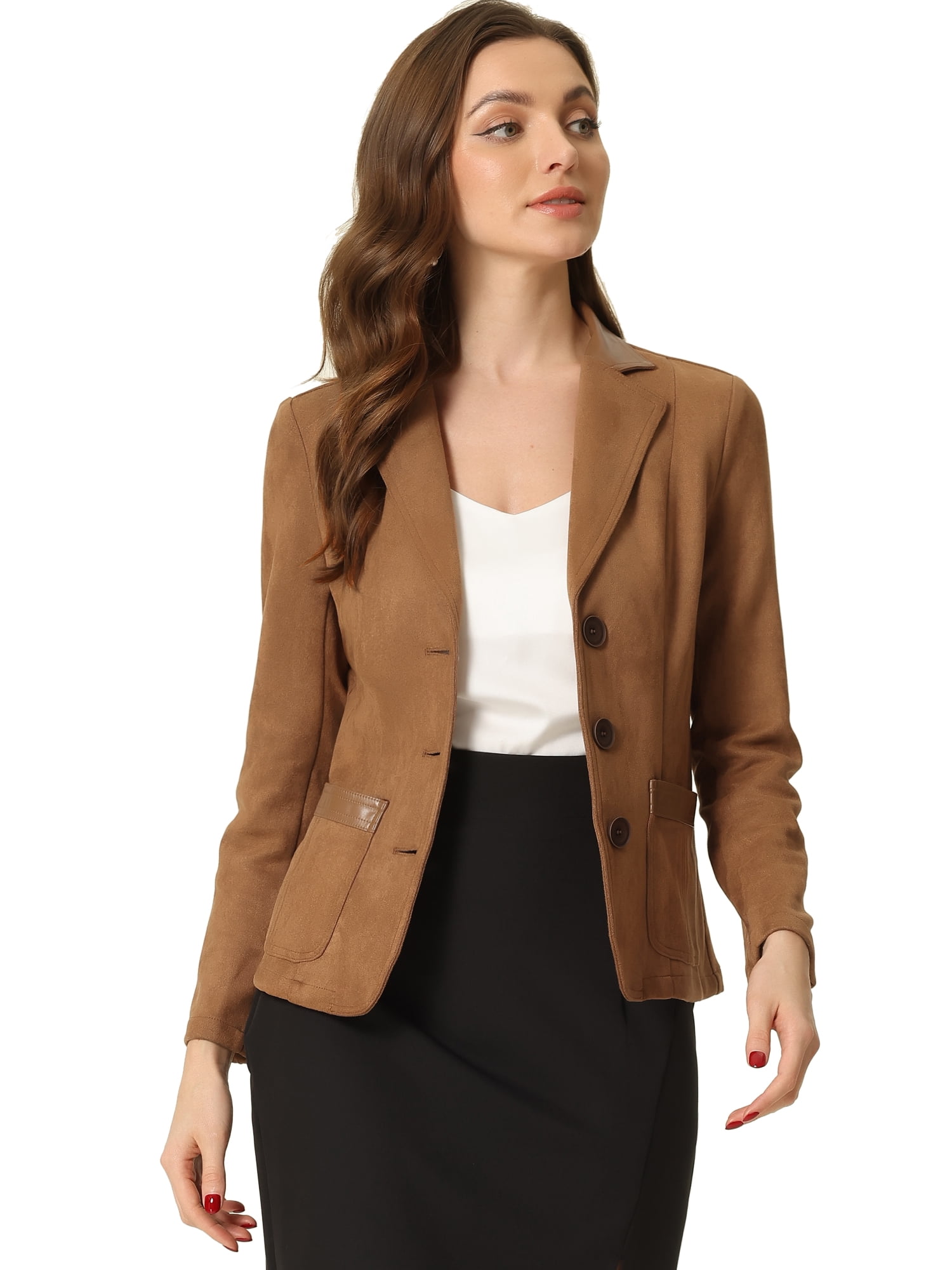 DARING DIVA Women's Faux Suede Lapel Collar Button Down Blazer XL Light Brown