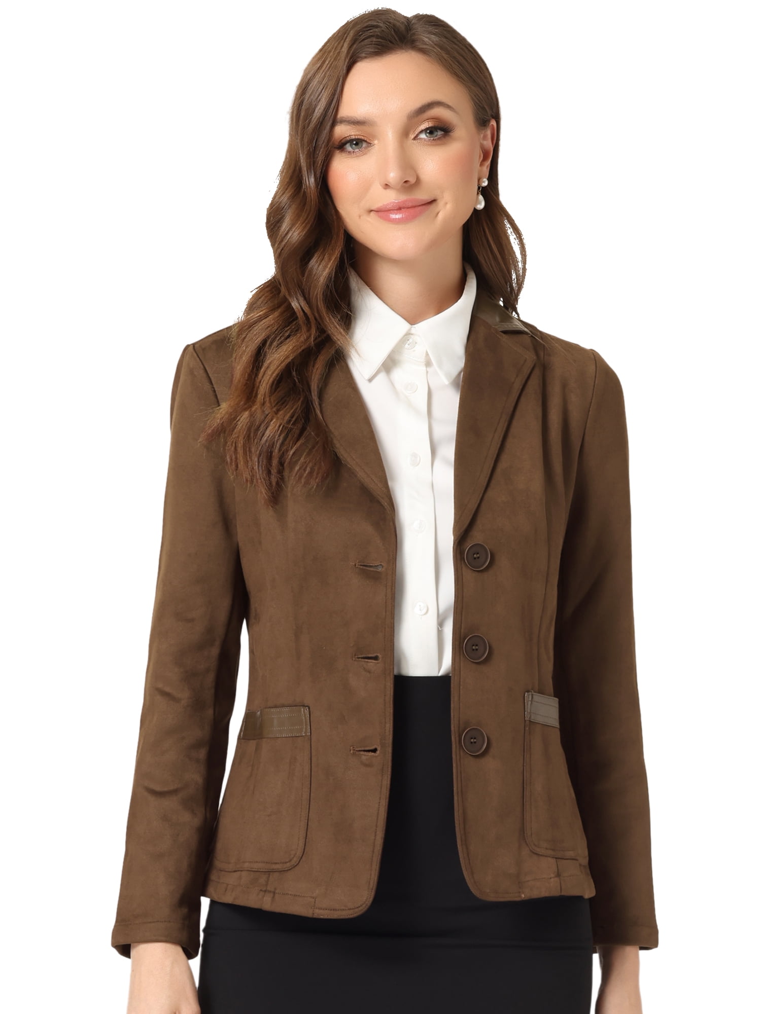 DARING DIVA Women's Faux Suede Lapel Collar Button Down Blazer XS Brown