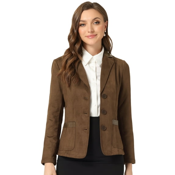 DARING DIVA Women's Faux Suede Lapel Collar Button Down Blazer XS Brown