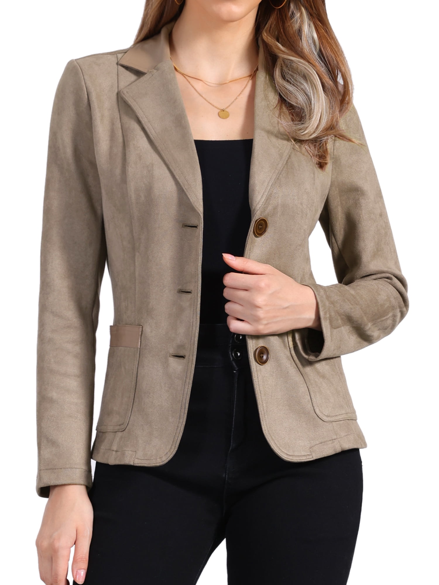 DARING DIVA Women's Faux Suede Lapel Collar Button Down Long Sleeve Blazer L Desert Tan