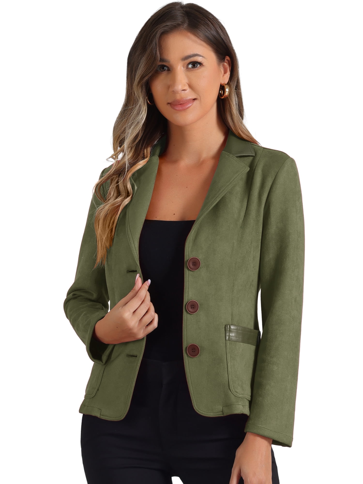 DARING DIVA Women's Faux Suede Lapel Collar Button Down Long Sleeve Blazer M Army Green
