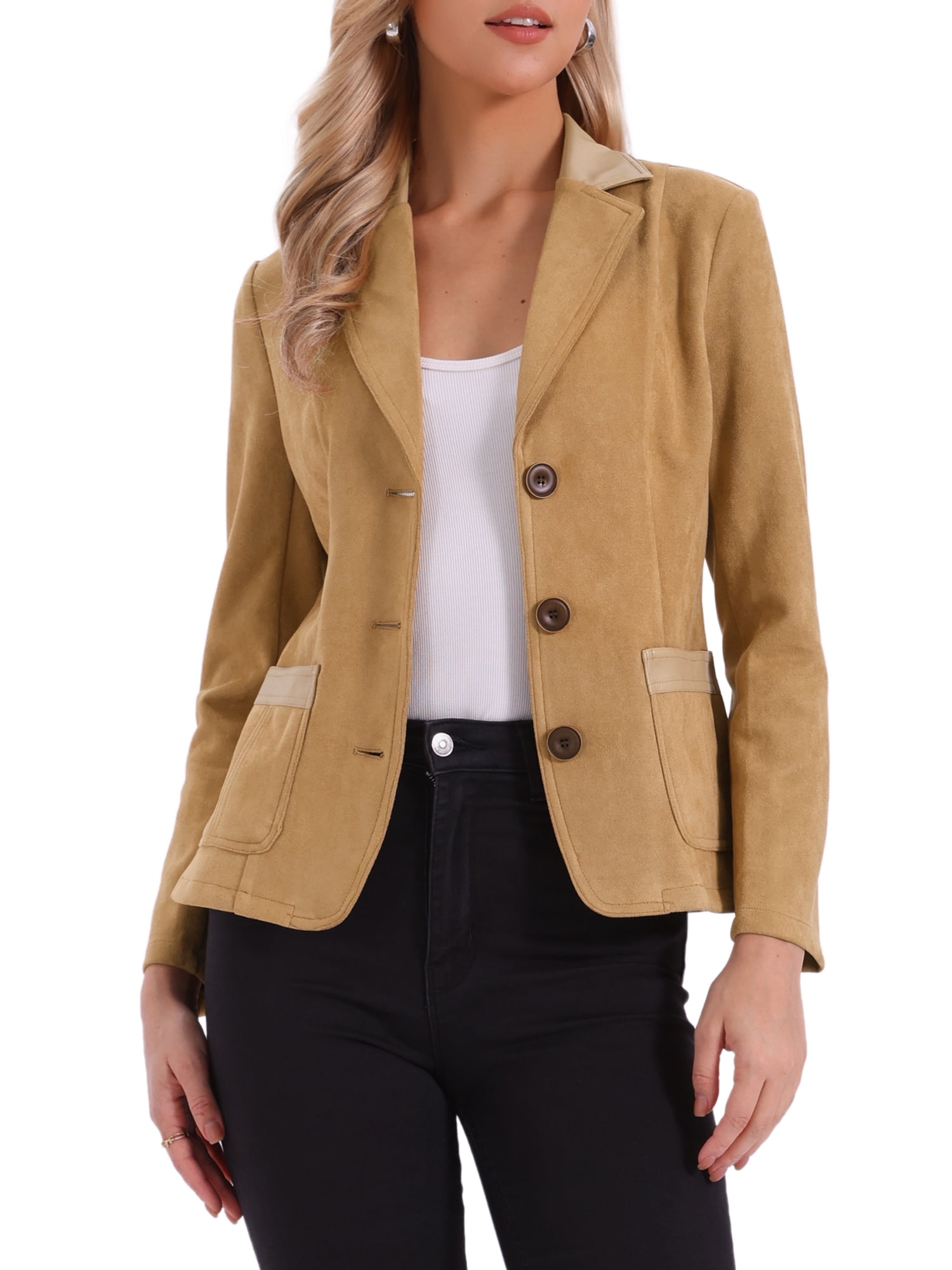 DARING DIVA Women's Faux Suede Lapel Collar Button Down Long Sleeve Blazer M Khaki