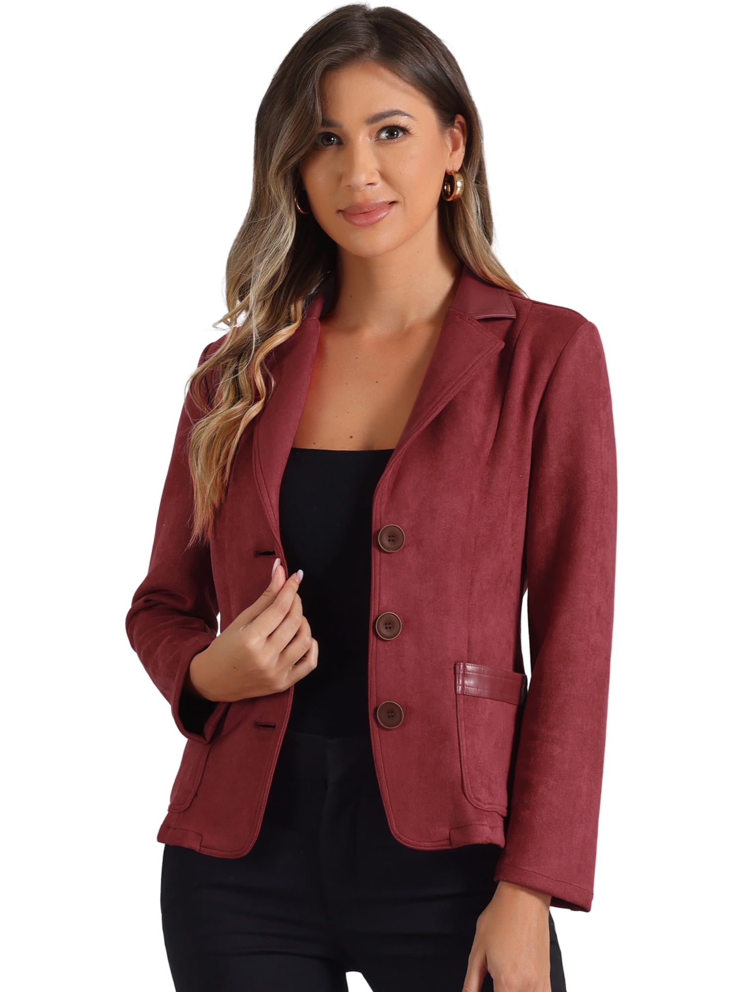 DARING DIVA Women's Faux Suede Lapel Collar Button Down Long Sleeve Blazer M Reddish Brown