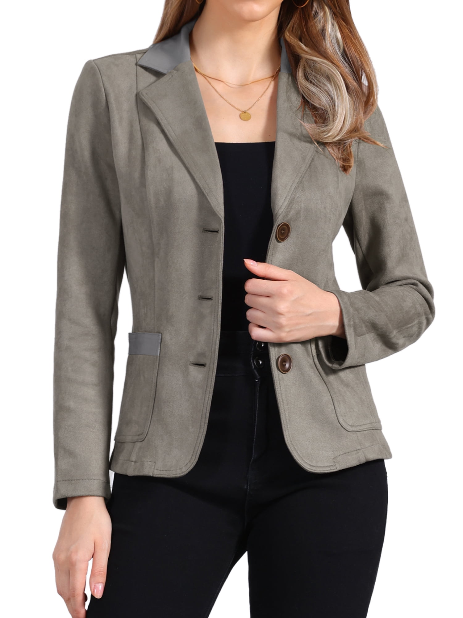 DARING DIVA Women's Faux Suede Lapel Collar Button Down Long Sleeve Blazer XL Grey